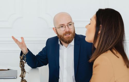 A lawyer and client in a professional office setting discussing legal matters.